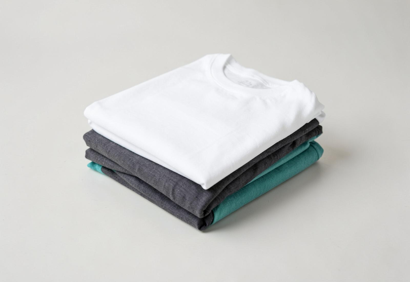 Folded blank t-shirts in white, charcoal and teal ready for custom printing